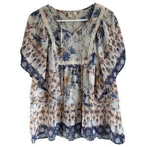 Romantic Gypsy Fairy Blouse Women's Size S Blue‎ Cream Flutter Sleeve Sheer Boho
